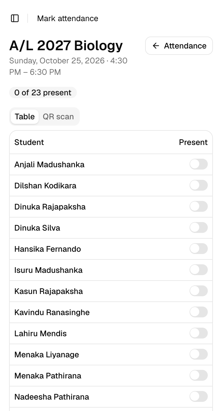 Class Tracker attendance screen on a phone