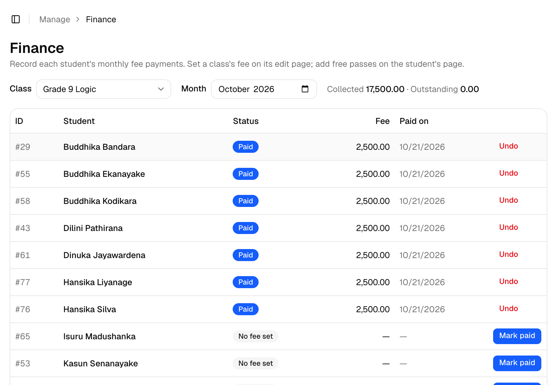 Class Tracker fee payments screen: a class's students for October, with paid amounts, payment dates and Mark paid buttons
